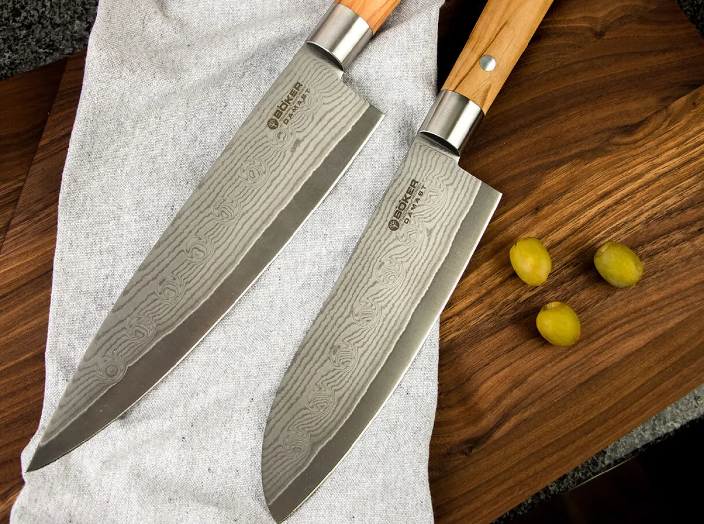 Böker Manufaktur Solingen Damast Olive Chefmesser Groß Braun Clearance
