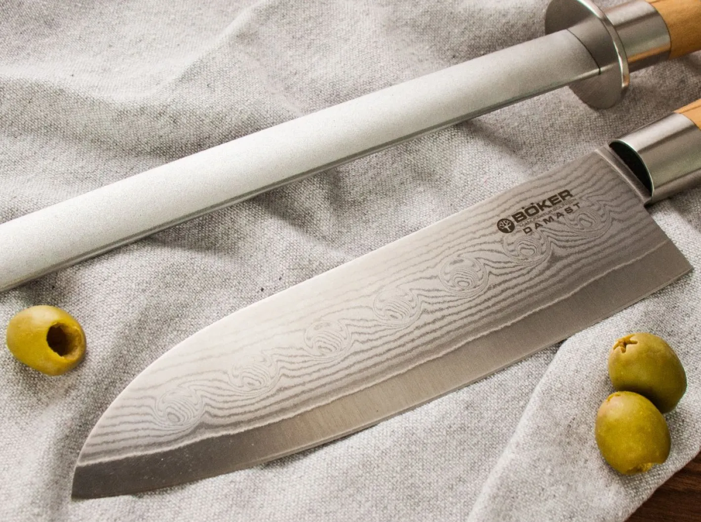 Böker Manufaktur Solingen Damast Olive Schleifstab Braun Best
